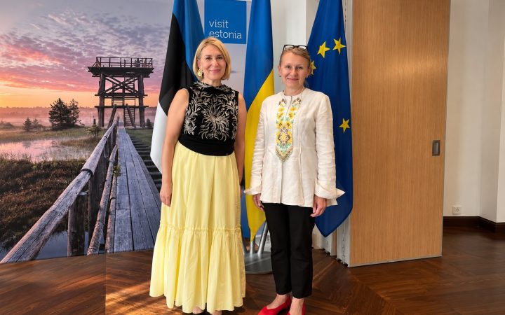 Дві жінки стоять на тлі прапорів Естонії, України та Євросоюзу