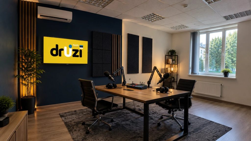 Студія Radio DRUZI: два мікрофони, мікшер і жовтий екран з логотипом druzi на темно-синій стіні